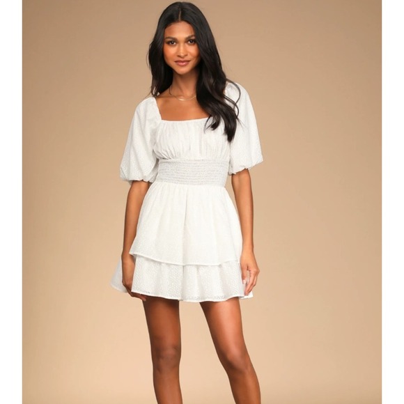 Lulus Dresses & Skirts - Lulus Tiers To Me White Puff Sleeve Tiered Dress Mini Skater M Off‎ The Shoulder